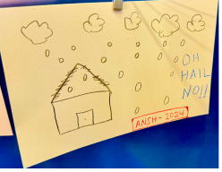 Drawing of a house under clouds with hailstones falling and the words Oh hail no, signed Ansh 2024