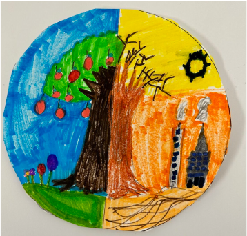 Round student drawing split in two: a green Earth with a fruit tree, and a hot orange Earth with factories and a bare tree