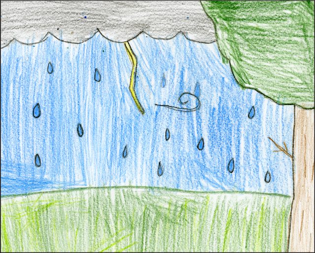 Crayon drawing of rain falling from grey clouds, with lightning, onto green grass beside a tree