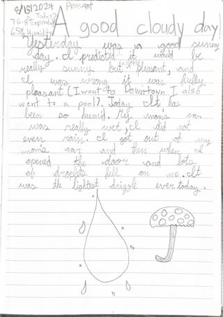 Handwritten journal page titled A good cloudy day, noting 76.8 degrees and 65 percent humidity